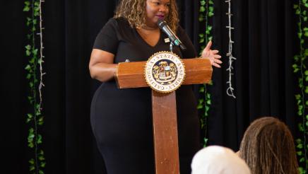 Guest speaker at podium