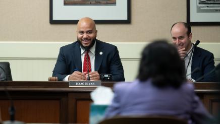 Asm. Bryan sharing a light moment while Dolores Huerta provides testimony