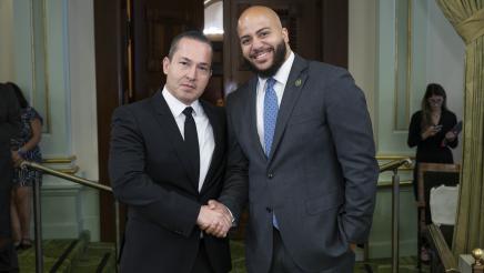 Asm. Bryan and Mr. Hernandez shaking hands on Assembly Floor